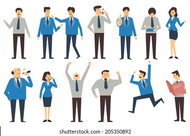 Set of business people in various poses, action and characters, man, woman, senior and junior office person. Design in simple style, isolated on white, and there are more set in my portfolio. 