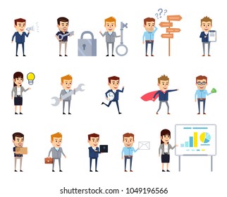Set of business people in various situations showing different actions. Business man and woman thinking, holding wrench, letter, loudspeaker, pointing to idea. Flat design vector illustration