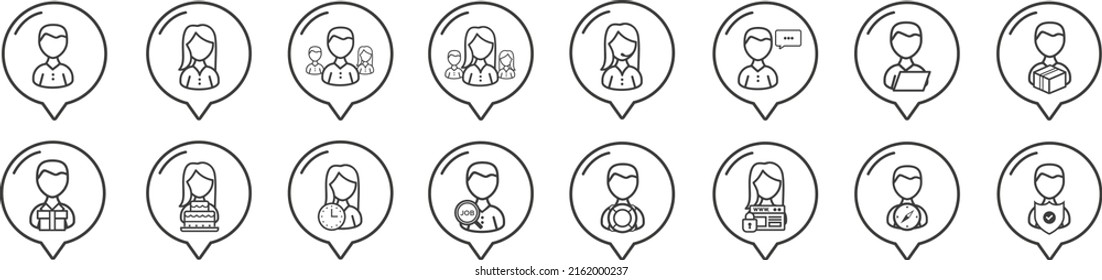 conjunto de iconos de línea vectorial de personas de negocios. íconos de reunión, lugar de trabajo, comunicación e íconos de equipo en burbuja de voz.