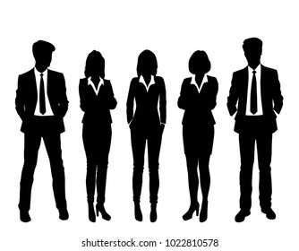 Set of business people, vector silhouettes, group men and women, black and white colors, isolated on white background