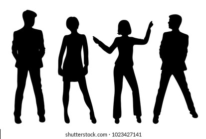 Set of business people, vector silhouettes, group men and women, black color, isolated on white background