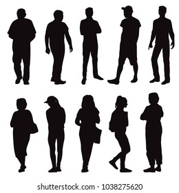 Set of business people, vector silhouettes, group men and women, different poses, black color, isolated on white background