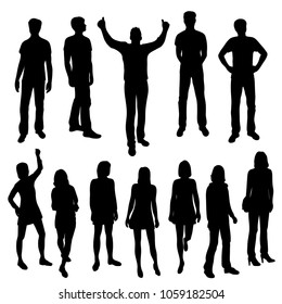 Set of business people, vector silhouettes, group men and women, different poses,  black color, isolated on white background