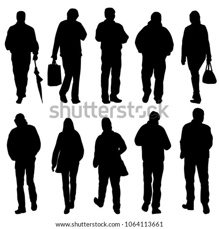 Set of business people, vector silhouettes, group men and women, different poses,  black color, isolated on white background