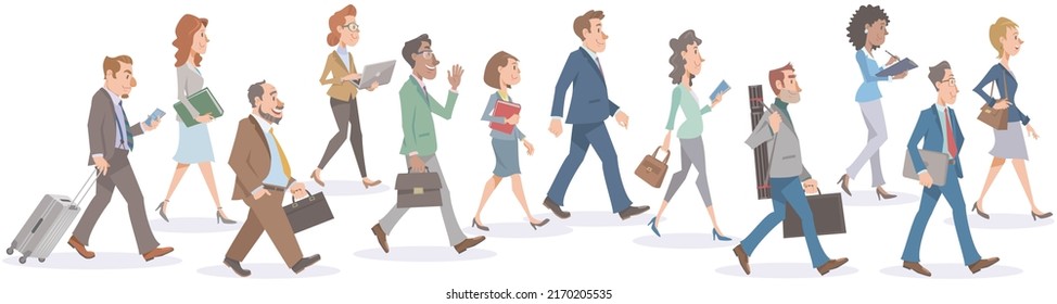 Set Of Business People Walking On White Background. Diverse Office Workers Walking With Smile. Vector Illustration In Flat Cartoon Style.