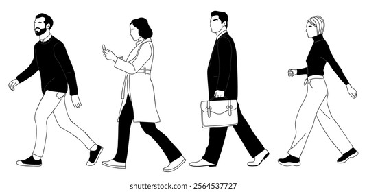 Set of business people walking side view. Modern men, women in smart casual, formal office outfits with phone, briefcase. Vector hand drawn outline sketch illustration isolated on white background