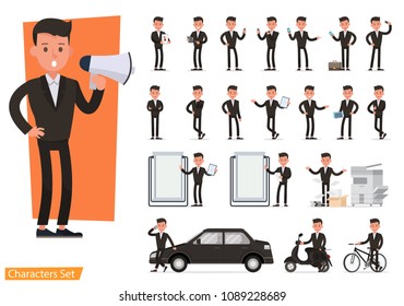 Set of business people wearing brown suit and working character vector design. Presentation in various action with emotions, running, standing and walking.