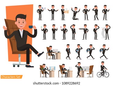 Set of business people wearing brown suit and working character vector design. Presentation in various action with emotions, running, standing and walking.