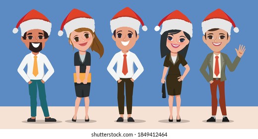 Set of business people wearing santa claus hat character.