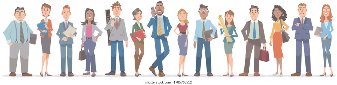 Set of business people whole body on white background. Diverse office workers standing with smile. Vector illustration in flat cartoon style.