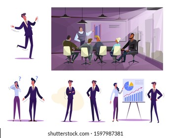 Set of business people at work. Flat vector illustrations of employees talking on phone, making presentation, communicating. Working process concept for banner, website design or landing web page