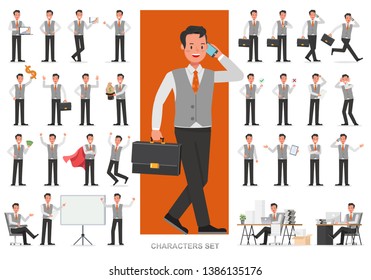 Set of business people working character vector design. Presentation in various action with emotions, running, standing and walking.