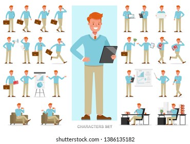 Set of business people working character vector design. Presentation in various action with emotions, running, standing and walking.