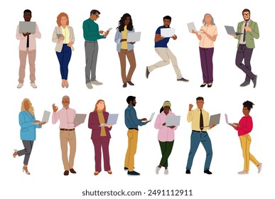 Set of Business people working at laptop. Different men, women wearing smart casual, formal office outfits standing with computer. Vector realistic illustration isolated on white. Hand made, not AI