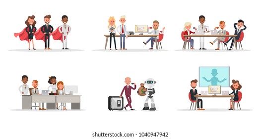 Set of business people working in office character vector design