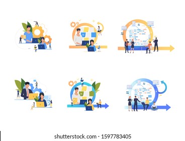 Set of business people working on laptops. Flat vector illustrations of team sticking notes on planning board, analyzing information. Business concept for banner, website design or landing web page
