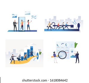 Set of business people working on successful project. Flat vector illustrations of office staff teamworking. Progress, solution, communication concept for banner, website design or landing web page