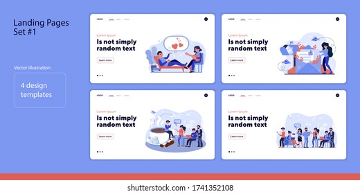 Set of business people working and resting. Flat vector illustrations of men and women discussing, drinking. Communication and cooperation concept for banner, website design or landing web page
