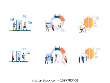 Set of business people working together. Flat vector illustrations of professionals constructing graphs, making financial report. Business concept for banner, website design or landing web page