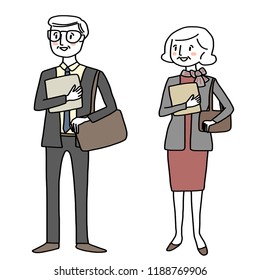 Set of business peoples. Portrait of senior businessman and senior businesswoman standing, carrying file folder and laptop bag. Business people couple. Happy mature business people standing together.