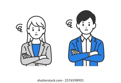 Set of business person in distressed pose with arms crossed【Vector／Illustration／Person】