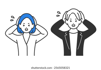Set of business person in a troubled pose with their heads in their hands【Vector／Illustration／Person】