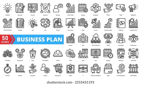 Set of business plan web icons in line style. Containing strategy, goals, vision, analysis, market, growth, roadmap, objectives, proposal, development