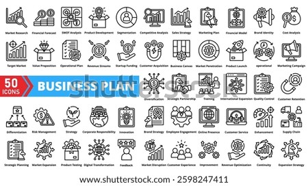 Set of business plan web icons in line style. Containing Market Research, Financial Forecast, SWOT Analysis, Product Development, Customer Segmentation, Competitive Analysis, Sales Strategy, strategy