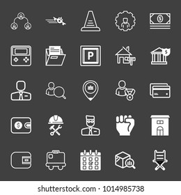 set of business, plane, stairs, setting, cash, game,  folder, parking, house rent, bank, search, employer, job location, bank, repair, wallet, calendar, box, baggage, hand, chair, winner vector icon
