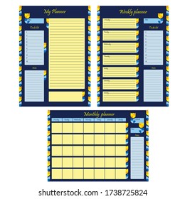 Set of business planner templates for month, week and personal. Blank page with design, ornament and flowers on a blue background. A sheet of paper with a place for notes. Business organizer. 