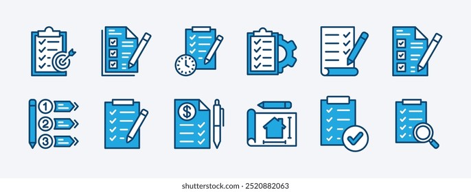 Ícone do documento de planejamento de negócios. Área de transferência, formulário, papel de notas. Contendo destino, tempo, gerenciamento, lista de verificação, lista, orçamento financeiro, tarefas, esboço da casa, projeto. Ilustração vetorial