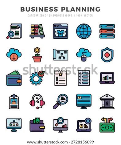 Set of Business Planning Icons. Simple Lineal Color art style icons pack.