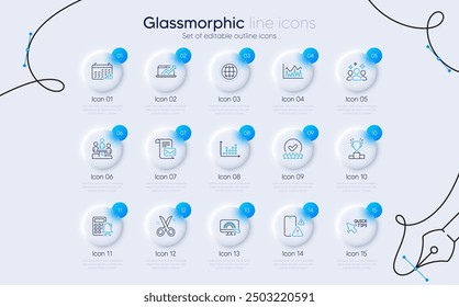 Set of Business podium, Calendar graph and Squad line icons for web app. Investment, Dot plot, Scissors icons. Calculator alarm, Mail letter, Globe signs. Quick tips, Lgbt, Winner podium. Vector