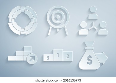 Set Business podium, Project team base, Financial growth, Money bag, Target and lifebuoy icon. Vector