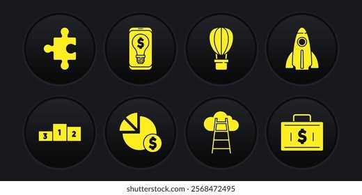 Set Business podium, Startup project concept, Pie chart and dollar, Stair with finish flag, Hot balloon, Light bulb mobile, Briefcase money and Piece of puzzle icon. Vector