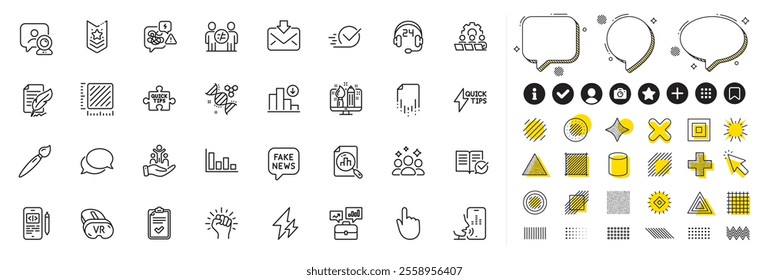 Set of Business portfolio, Checklist and Brush line icons for web app. Design elements, Social media icons. Inclusion, Empower, Discrimination icons. Vr, Decreasing graph, Quick tips signs. Vector