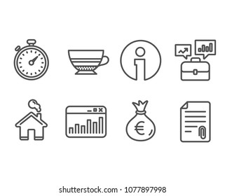 Set of Business portfolio, Money bag and Marketing statistics icons. Mocha, Timer and Attachment signs. Job interview, Euro currency, Web analytics. Coffee cup, Stopwatch gadget, Attach file. Vector