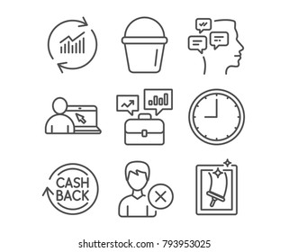 Set of Business portfolio, Online education and Cashback icons. Bucket, Update data and Messages signs. Time, Remove account and Window cleaning symbols. Job interview. Internet lectures. Vector