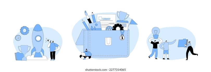 Set Business Portfolio, Startup, Idea Development Concept. Tiny Characters Put Stationery And Documents To Briefcase