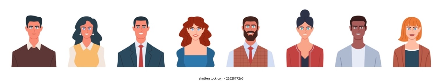 Set Business Portraits Of Multinational People Different Ages. Flat Cartoon Vector Illustration On Isolated White Background