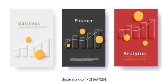 Set of business posters with 3d illustration of bar chart with coins. Vector illustration