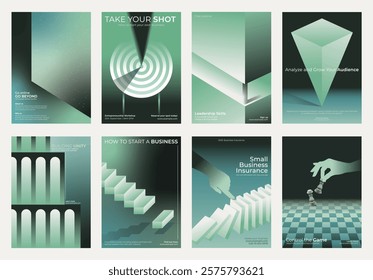 Set of business posters with abstract designs. Themes include leadership, business growth, and entrepreneurship. Modern, abstract, business-focused visuals.