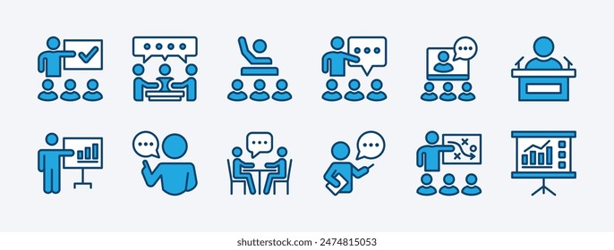 Set of business presentation icon. Containing meeting, conference, seminar, briefing, communication, graph, teamwork, planning, leadership, workplace, discussion, classroom. Vector illustration