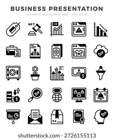 Conjunto de iconos de presentación de negocios. Paquete de iconos de estilo de arte relleno lineal simple.