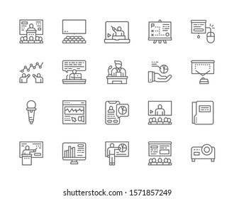 Set of Business Presentation Line Icons. Assembly Hall, Online Training, Web Education, Conference Speech, Video Projector, Microphone, Seminar and more.