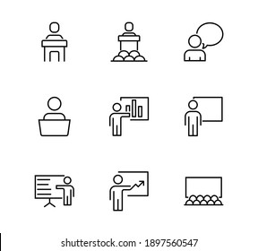 Set of Business Presentation Related Vector Line Icons. Contains icons such as Presenter, Teacher, Auditorium, Lesson, and more. Editable stroke. Simple icons isolated