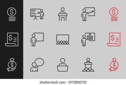 Set of Business Presentation Related Vector Line Icons. Contains icons such as Presenter, Teacher, Auditorium, Lesson, and more. Editable stroke. Simple icons isolated