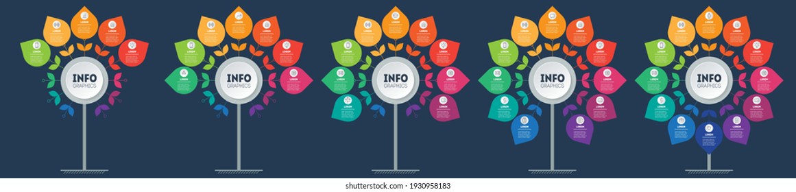 Set Of Business Presentations With 5, 7, 9, 11 And 12 Parts. A Chart Or Infographic Divided By Five Options.