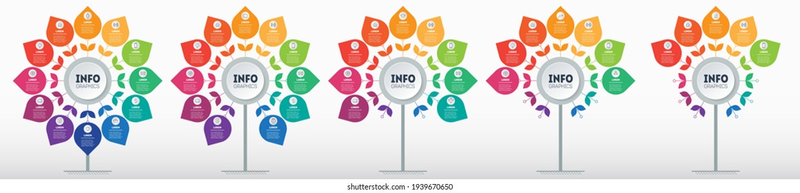 Set of Business presentations with 5, 7, 9, 11 and 12 parts on light background. Infographic in the form of a stylized flower, divided by five options.