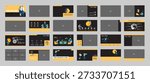 Set of business presentations, monetary financial circulation, buying gold coins. Infographic design template, yellow, black elements. Team people is creating a business. Vector illustration headline, computer,
